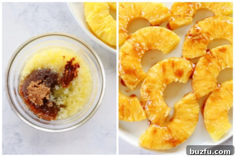Melted butter mixture in a bowl next to pineapple slices on a plate, ready for grilling preparation.