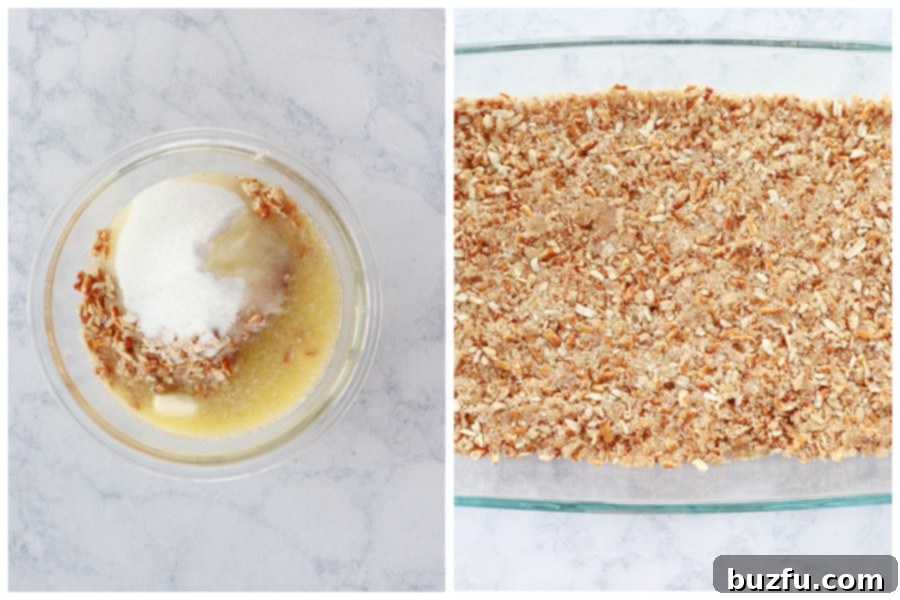 Crush pretzels and mix with butter and sugar. Crushing pretzels and pressing the crust mixture into a baking dish.