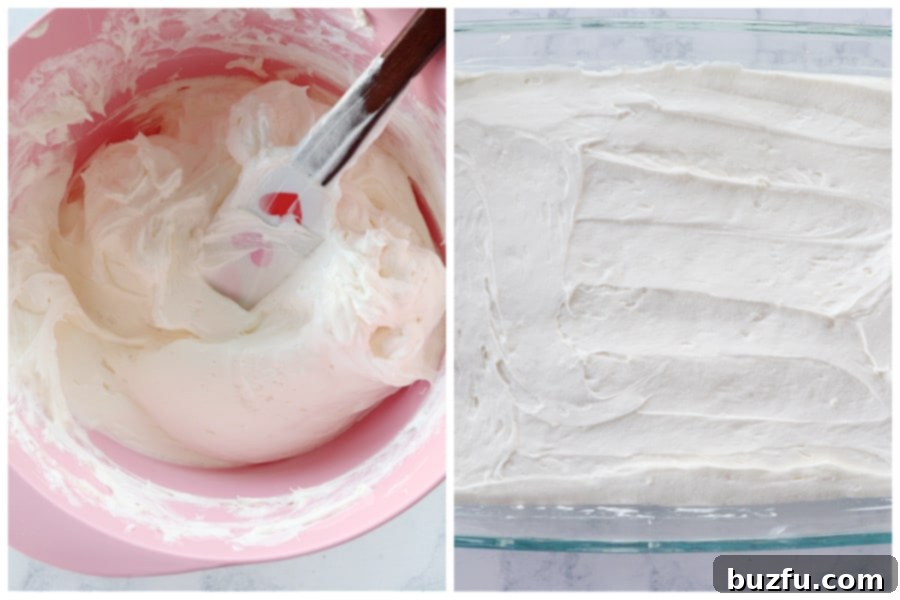 Mix cream cheese, sugar and fold whipped topping. Mixing cream cheese and sugar, then folding in whipped topping for the creamy layer.