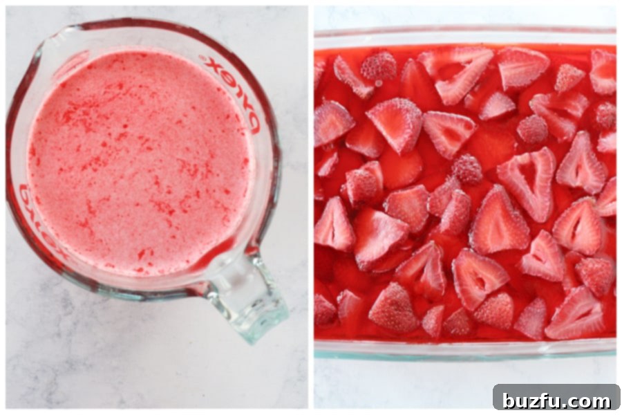 Make jello and pour over strawberry slices. Arranging strawberry slices and pouring cooled jello mixture over the cream cheese layer.