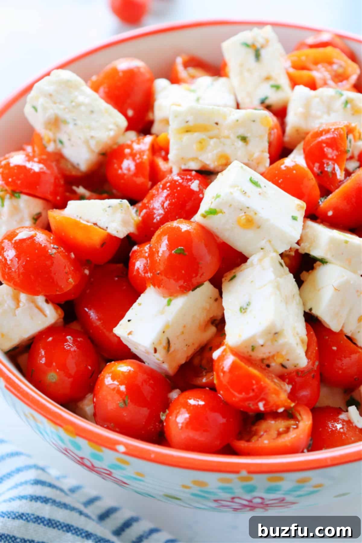Delicious Tomato Feta Salad Close-up of a vibrant Tomato Feta Salad in a rustic ceramic bowl, garnished with fresh herbs, ready to be enjoyed.
