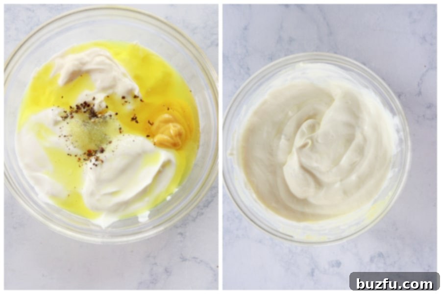 Mixing Macaroni Salad Dressing A bowl of creamy, tangy dressing for macaroni salad, ready to be combined with the ingredients.