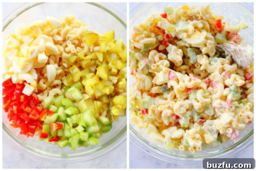 Combining Macaroni and Vegetables Cooked macaroni mixed with chopped vegetables in a large bowl, ready for the dressing.