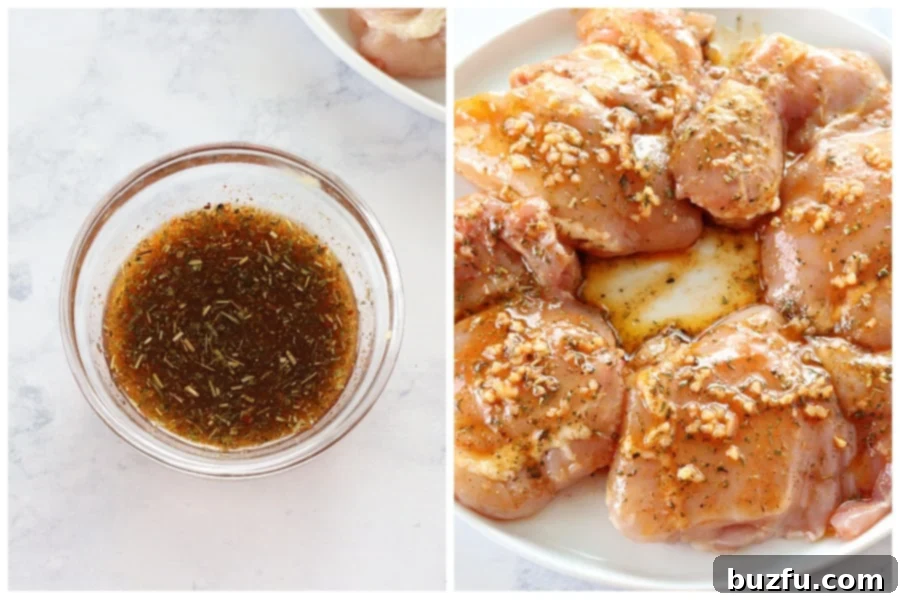 Boneless chicken thighs being seasoned on a wooden cutting board with a bowl of marinade ingredients nearby.