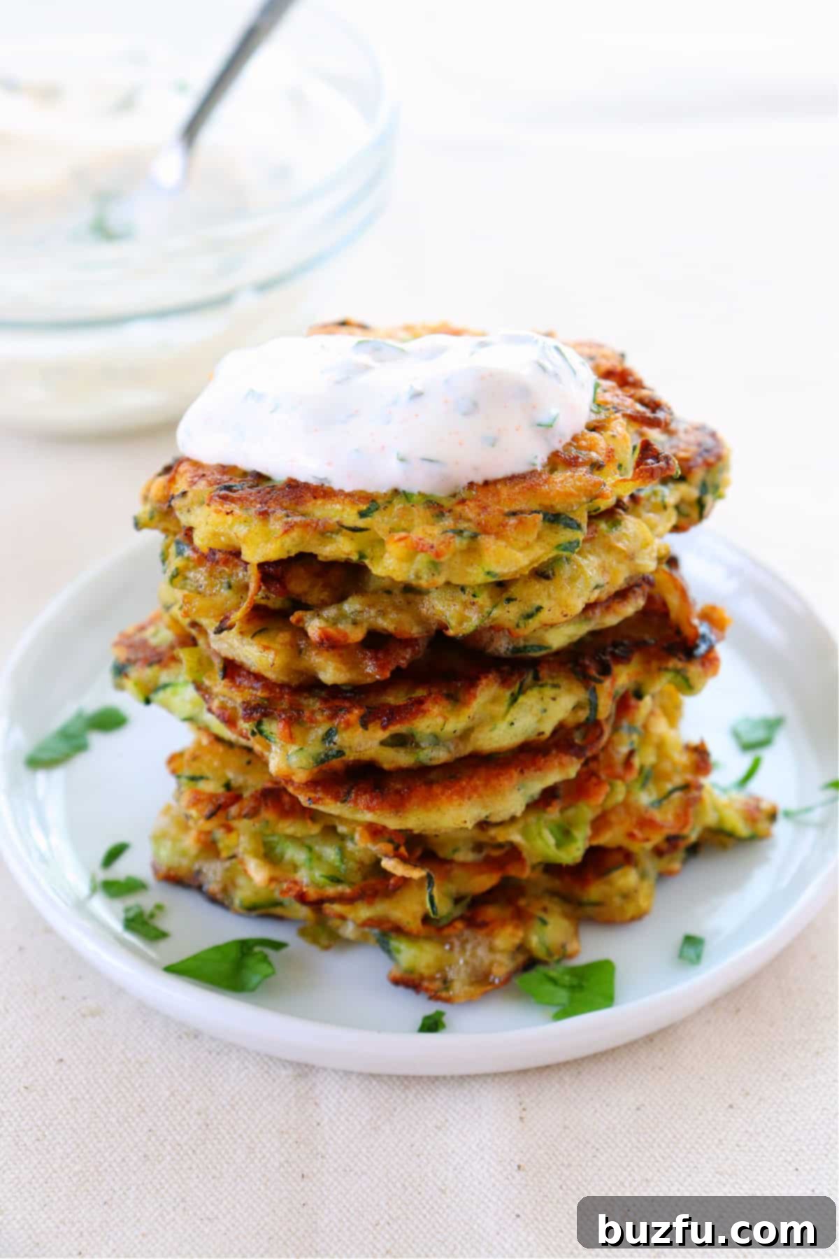 Best Zucchini Fritters Recipe: Crispy & Easy A beautifully arranged stack of golden-brown zucchini fritters, topped with fresh sour cream and herbs, on a rustic plate.