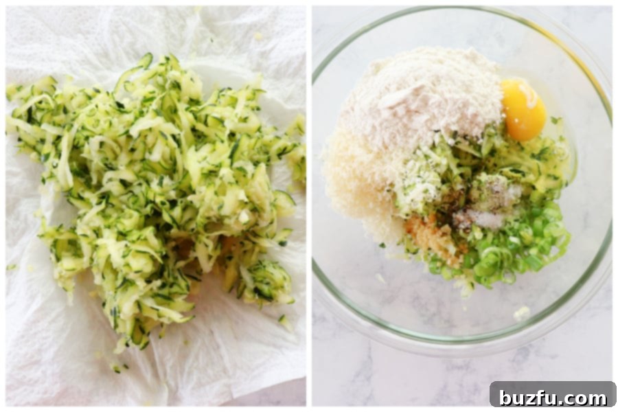 Zucchini Prep for Fritters The two crucial steps for making zucchini fritters: shredded zucchini being squeezed of excess moisture on a paper towel, and then combined with other ingredients in a mixing bowl.