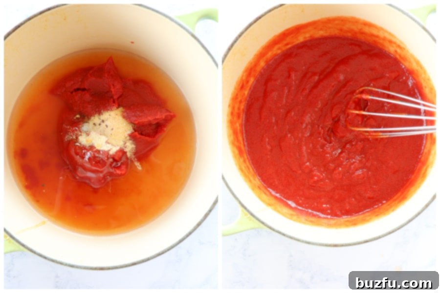 Cooking Homemade Ketchup from Scratch All the ketchup ingredients mixed together in a saucepan on the stove, beginning to heat.