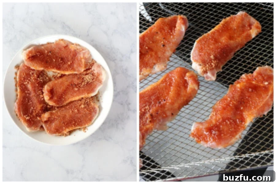 Preparing Pork Chops for the Air Fryer Two boneless pork chops seasoned with dry rub on a plate next to an air fryer basket, demonstrating the preparation stage.