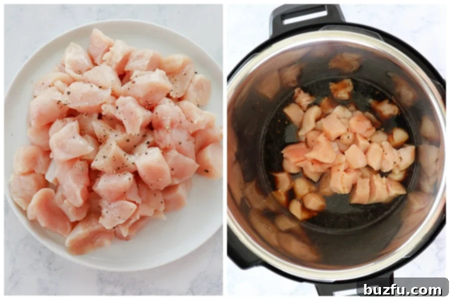 Close-up of diced chicken on a white plate and raw chicken pieces in the Instant Pot liner with teriyaki sauce.
