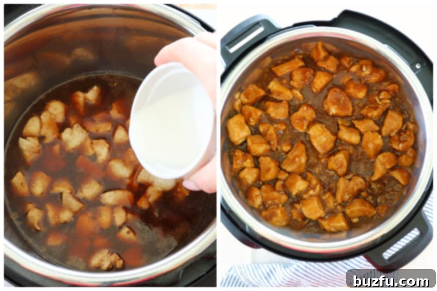 Cornstarch slurry being poured into Instant Pot teriyaki chicken to thicken the sauce.