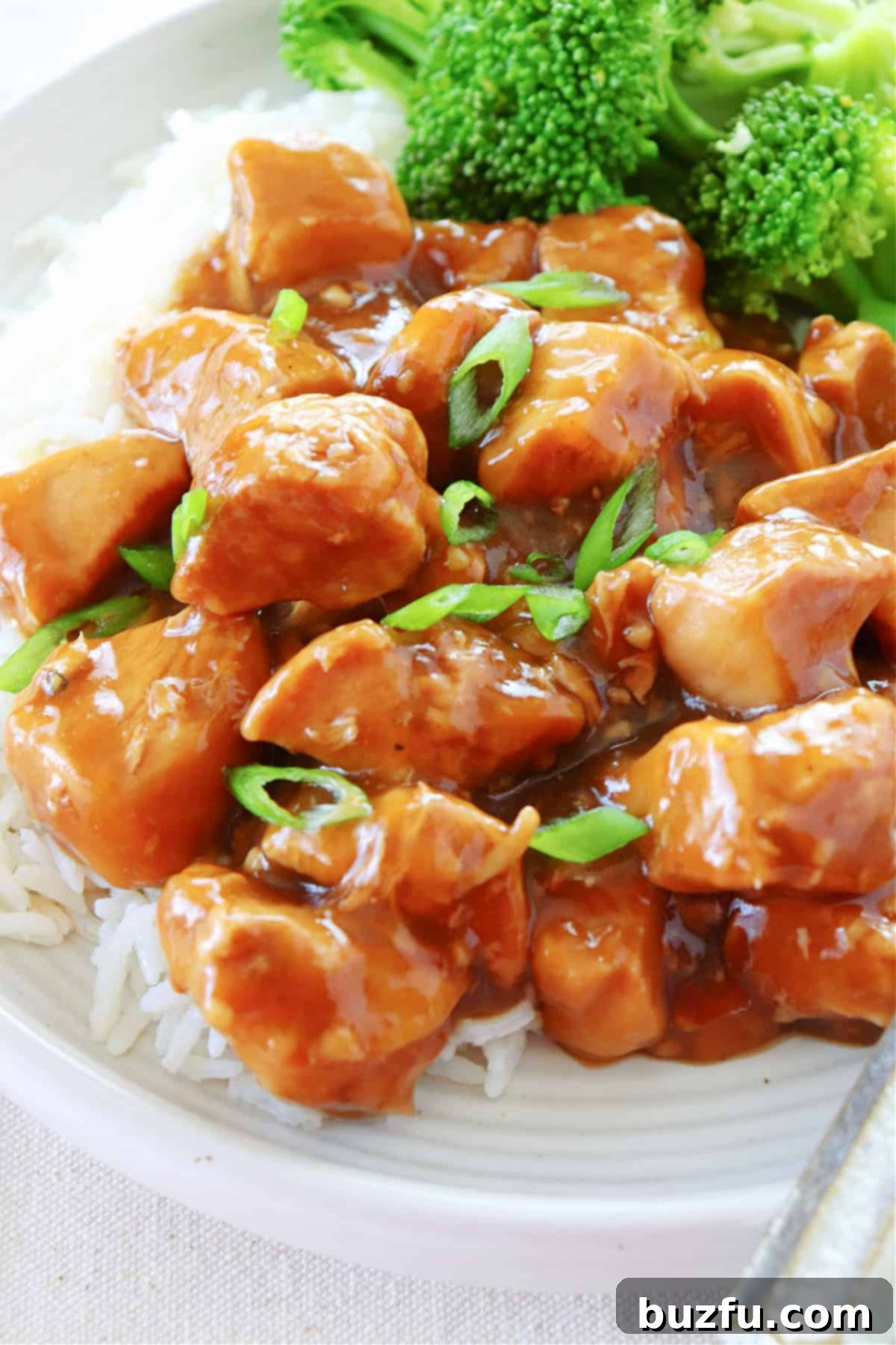 Close up shot of Instant Pot teriyaki chicken with rice and broccoli on a plate, garnished with sesame seeds.