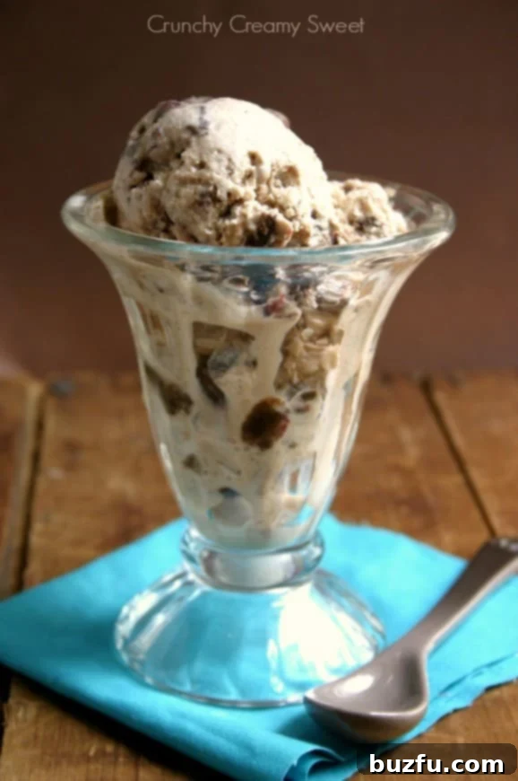 Rich Fudge Brownie Ice Cream with swirls of chocolate fudge and chunks of chewy brownies, served in a glass bowl.