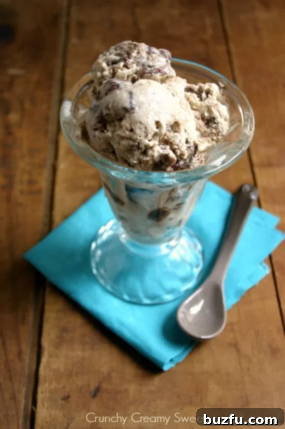 Close-up of Homemade Fudge Brownie Ice Cream with visible swirls of dark fudge and generous chunks of baked brownies.