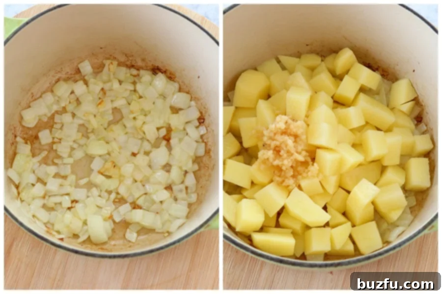 Chopped onions and cubed potatoes sautéing in a Dutch oven, forming the flavor base for the zucchini soup.