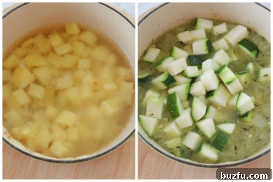 Vegetable stock and fresh zucchini added to sautéed onions and potatoes in a pot, simmering to perfection.