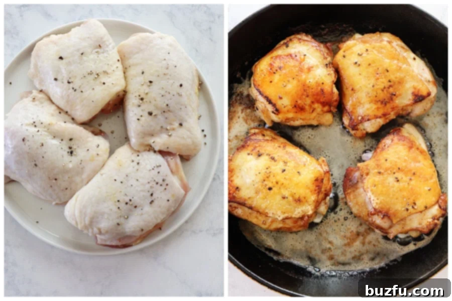 Brown chicken thighs. Chicken thighs cooking in pan.