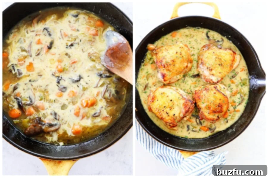 Add cream and chicken thighs. Cream and chicken added to skillet.