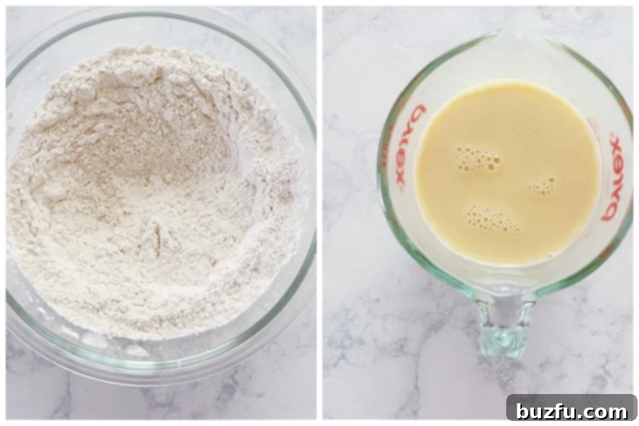 Separate bowls displaying dry ingredients in one and wet ingredients in a measuring cup, prepped for mixing.