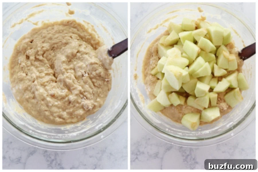 Fritter batter showing apples folded in, with melted butter being added, showcasing the mixing process.