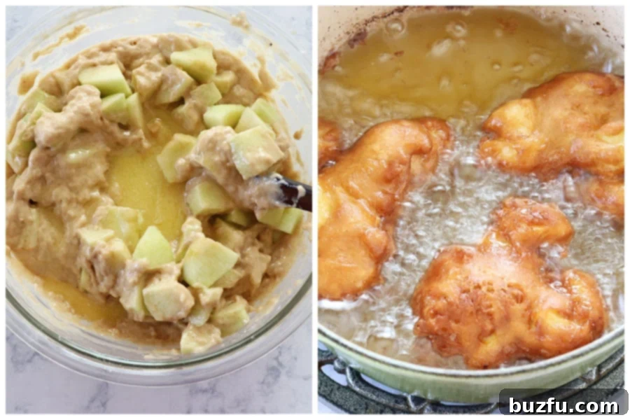 Several apple fritters frying in hot oil, bubbling and turning golden brown.