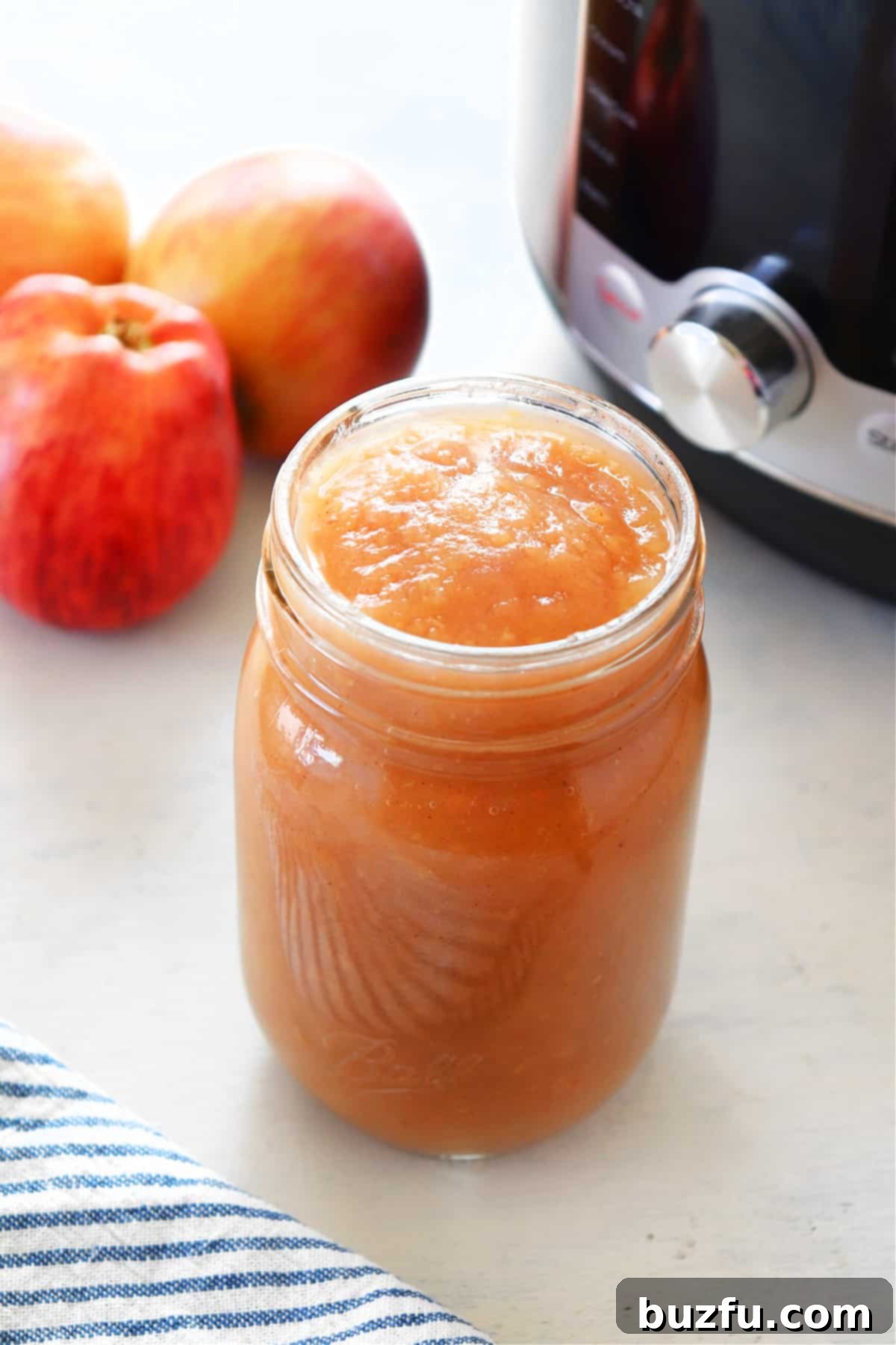 Instant Pot Applesauce recipe Applesauce in a glass jar, showcasing its smooth texture and rich color.