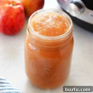 Effortless Instant Pot Applesauce 3 Homemade applesauce in a jar, ready to be enjoyed, with an Instant Pot in the background.