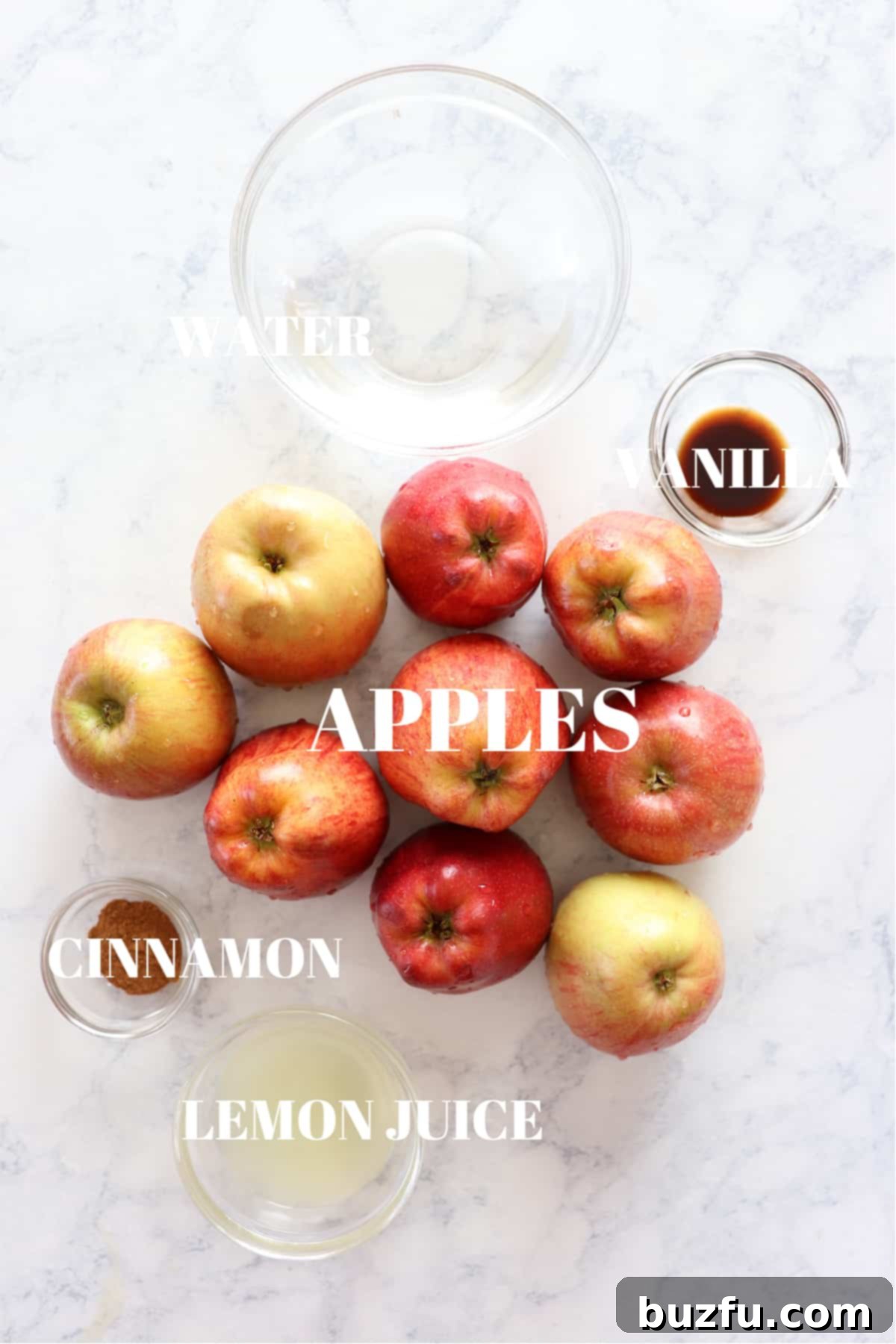 Instant Pot applesauce ingredients Ingredients for applesauce laid out on a marble board, including apples, cinnamon, vanilla, and lemon juice.