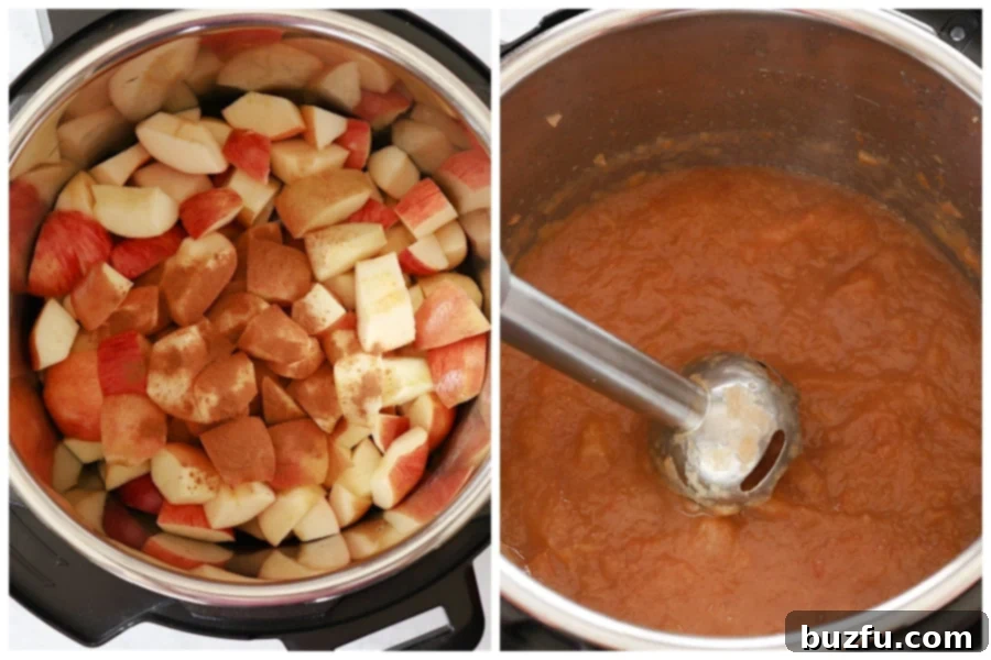 How to make applesauce in the Instant Pot. Apple chunks in the Instant Pot before and after blending into applesauce.