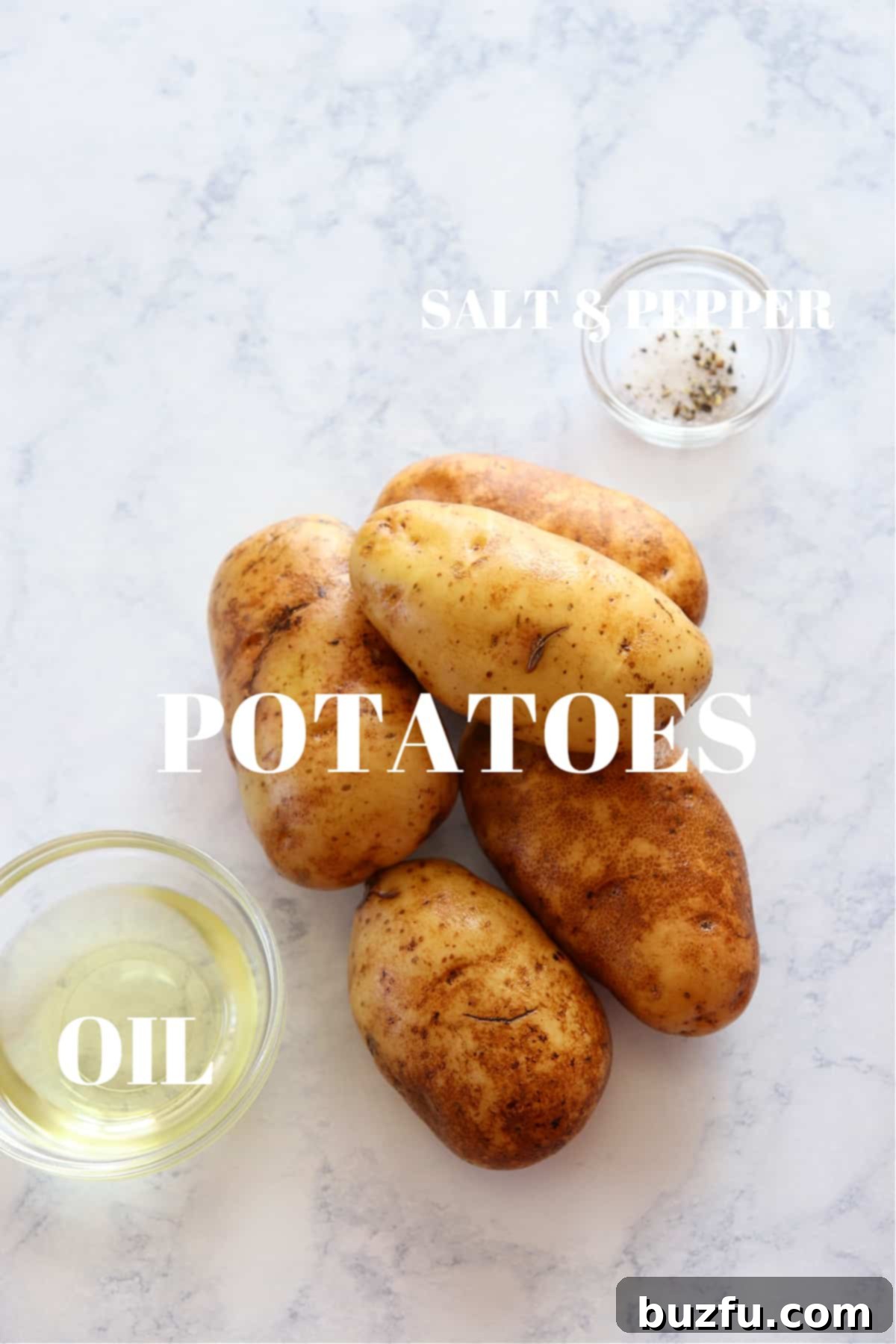 Hash Browns Ingredients A selection of fresh ingredients for hash browns, including Russet potatoes, vegetable oil, and seasonings, neatly arranged on a marble board.