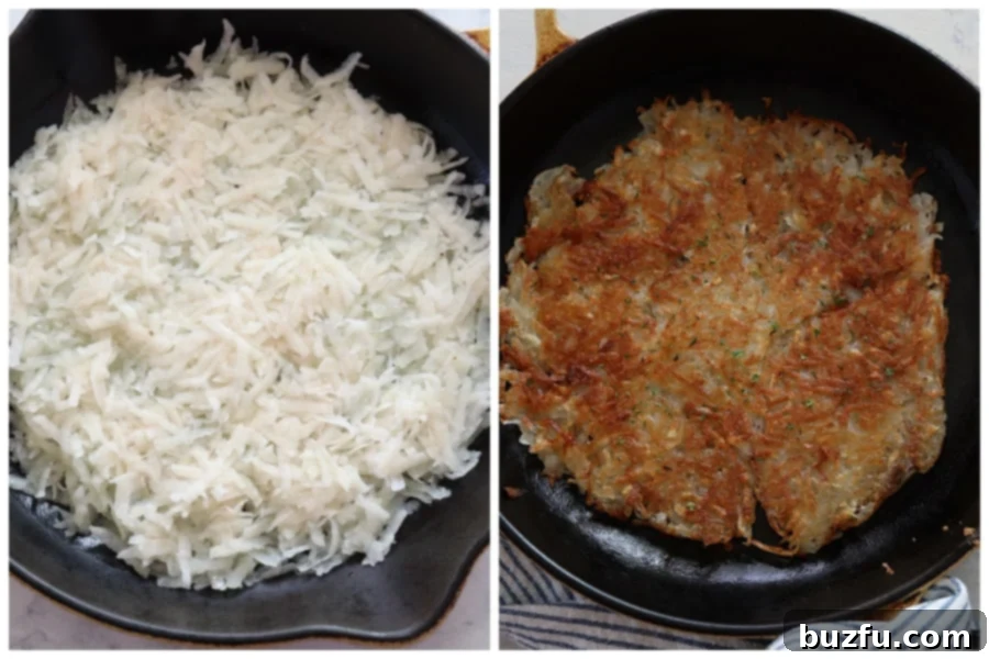 Place in skillet and fry until golden brown Crispy hash browns frying in a cast iron skillet, golden brown and sizzling, ready to be flipped.