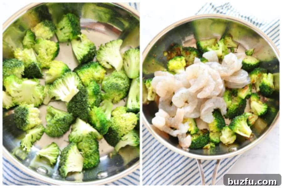 Broccoli florets being sautéed in a pan, followed by adding raw shrimp.