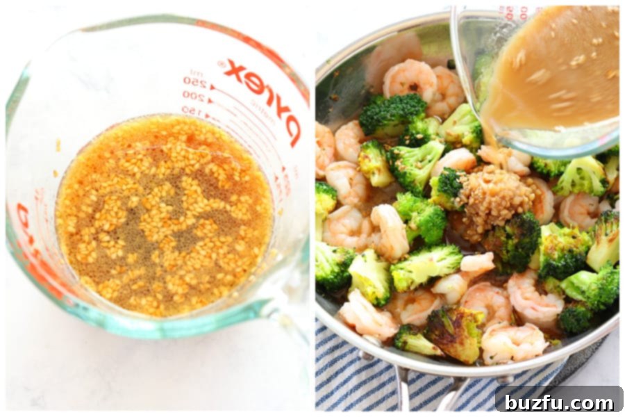 Stir fry sauce in a measuring cup, then poured into the pan with shrimp and broccoli.