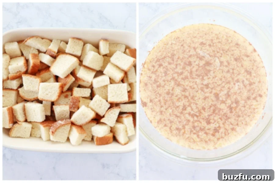 Cubed bread in a baking dish and a bowl of wet ingredients for bread pudding.