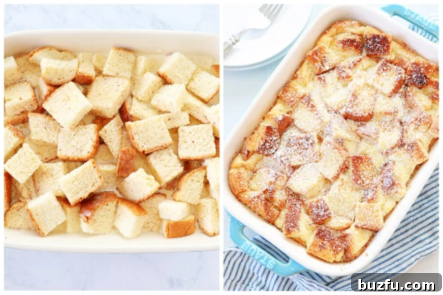 Two images side-by-side: cubed bread soaking in custard before baking, and a fully baked golden brown bread pudding.