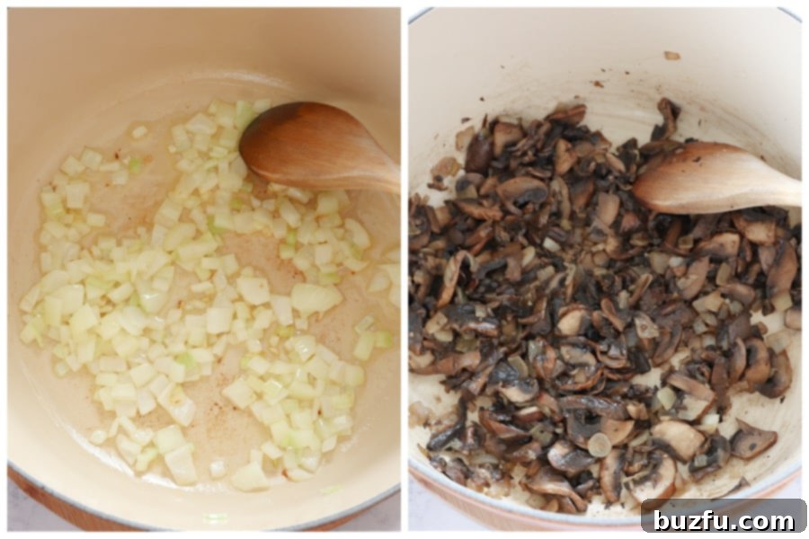 Sautéed onion and mushrooms cooking in a Dutch oven, releasing their aromas and flavors.