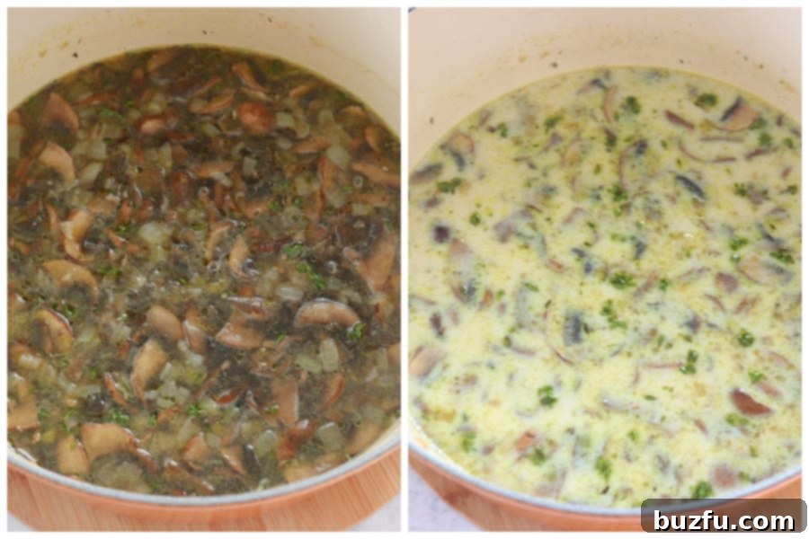Vegetable stock and half and half being added to the sautéed ingredients in a Dutch oven.