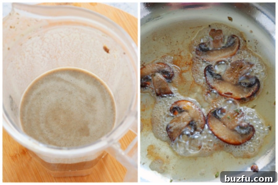 Partially blended mushroom soup alongside a small plate of fried mushroom slices for topping.