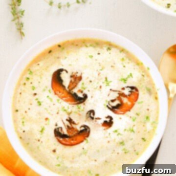 Close up of mushroom soup in a bowl.