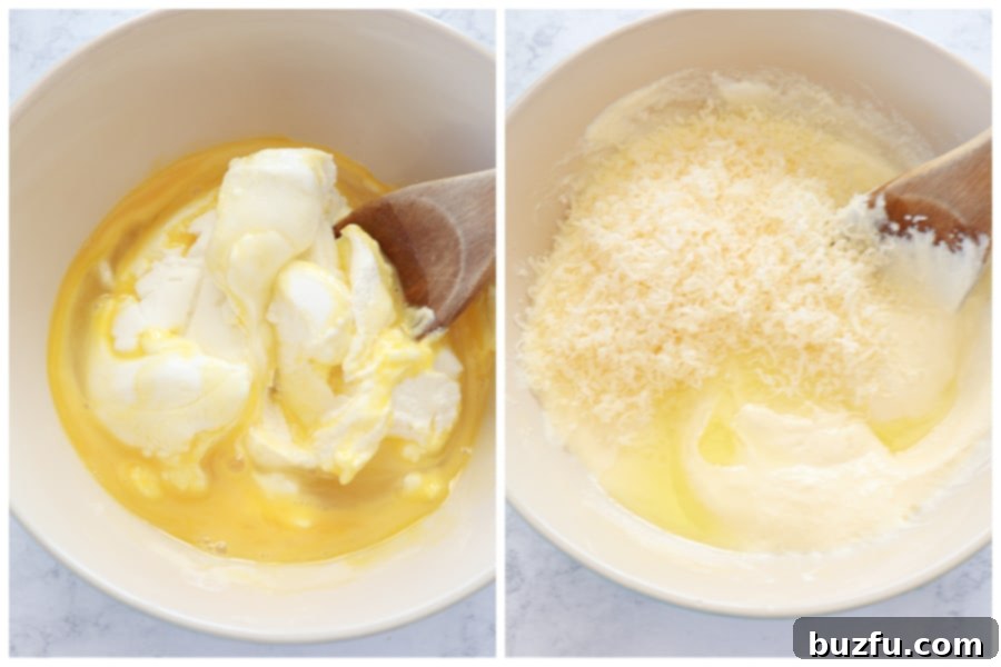 How to mix ricotta gnocchi dough. Ricotta cheese and beaten eggs being stirred in a mixing bowl.
