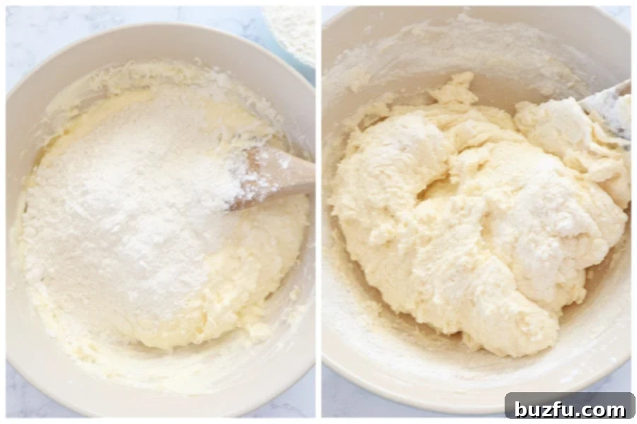 Adding flour to ricotta gnocchi mixture. Flour being added to the ricotta mixture in a bowl.