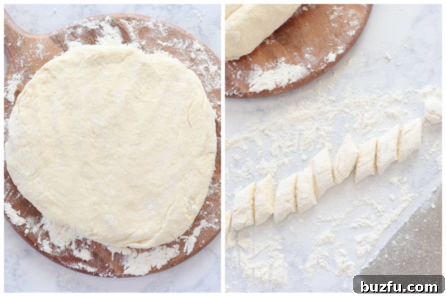 Shaping and cutting ricotta gnocchi dough. Gnocchi dough being shaped and cut on a floured surface.
