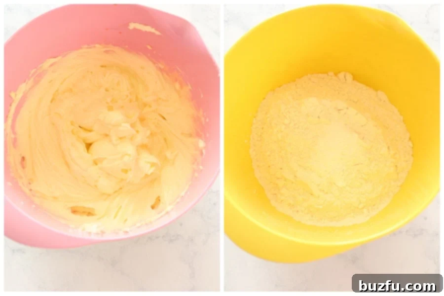 Wet butter and cream cheese mixture in one bowl, with dry ingredients in another bowl, ready to be combined for cream cheese cookies.
