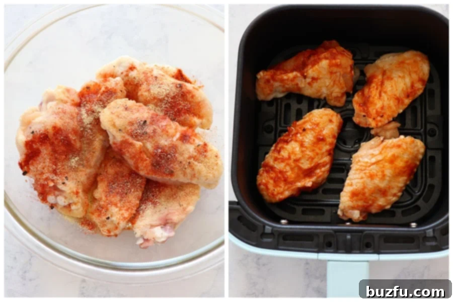 How to make air fryer chicken wings. Seasoned chicken wings in a mixing bowl and a batch cooking in the air fryer basket, demonstrating the cooking process.