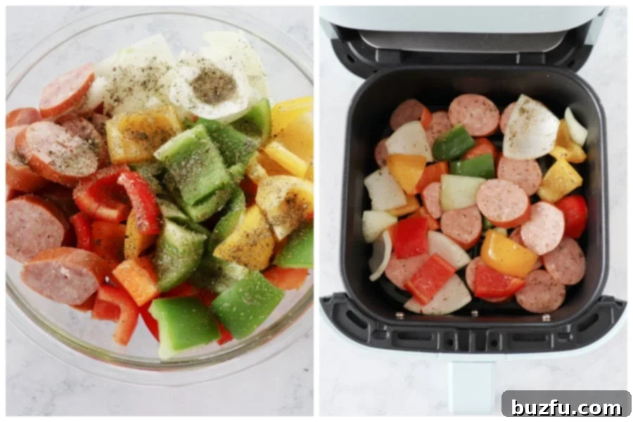 How to make sausage and peppers in the air fryer. Sausage and veggies in a bowl and in the air fryer basket.