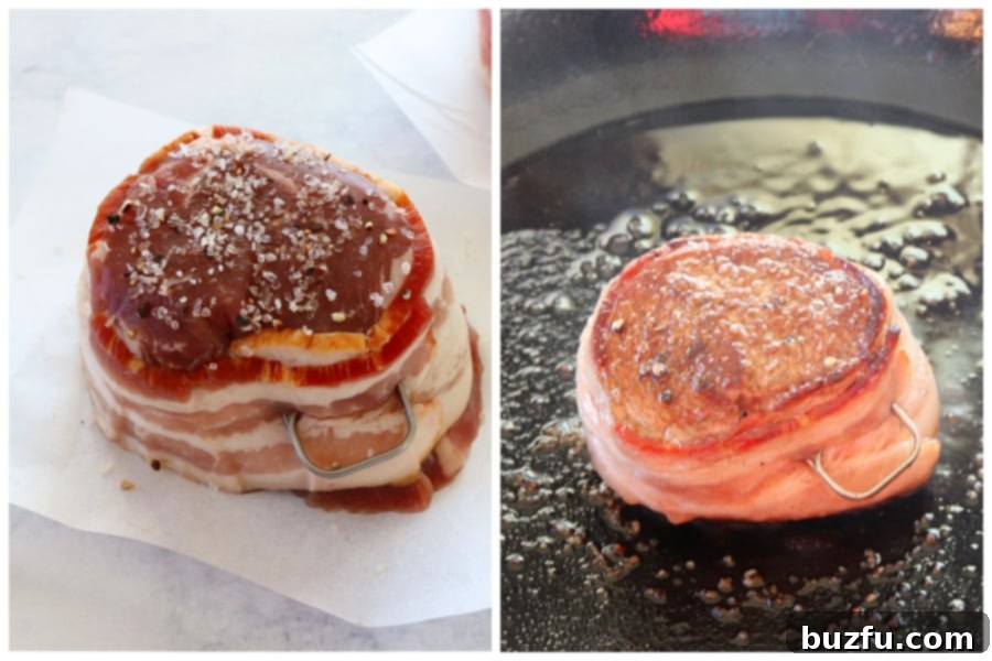 Raw filet mignon searing in a hot cast-iron skillet, creating a perfect crust.