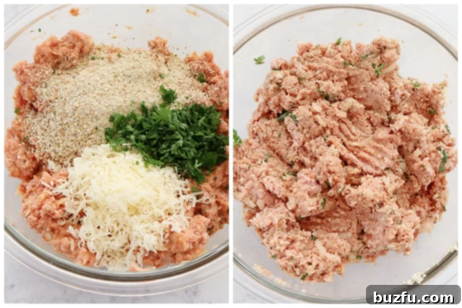 Turkey meat with cheese, parsley and breadcrumbs in a bowl.