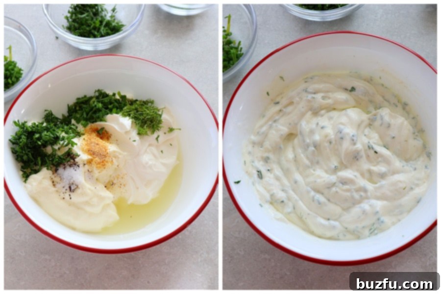 How to make ranch dressing from scratch? Two photos of ingredients for the dressing in a bowl and mixed together.