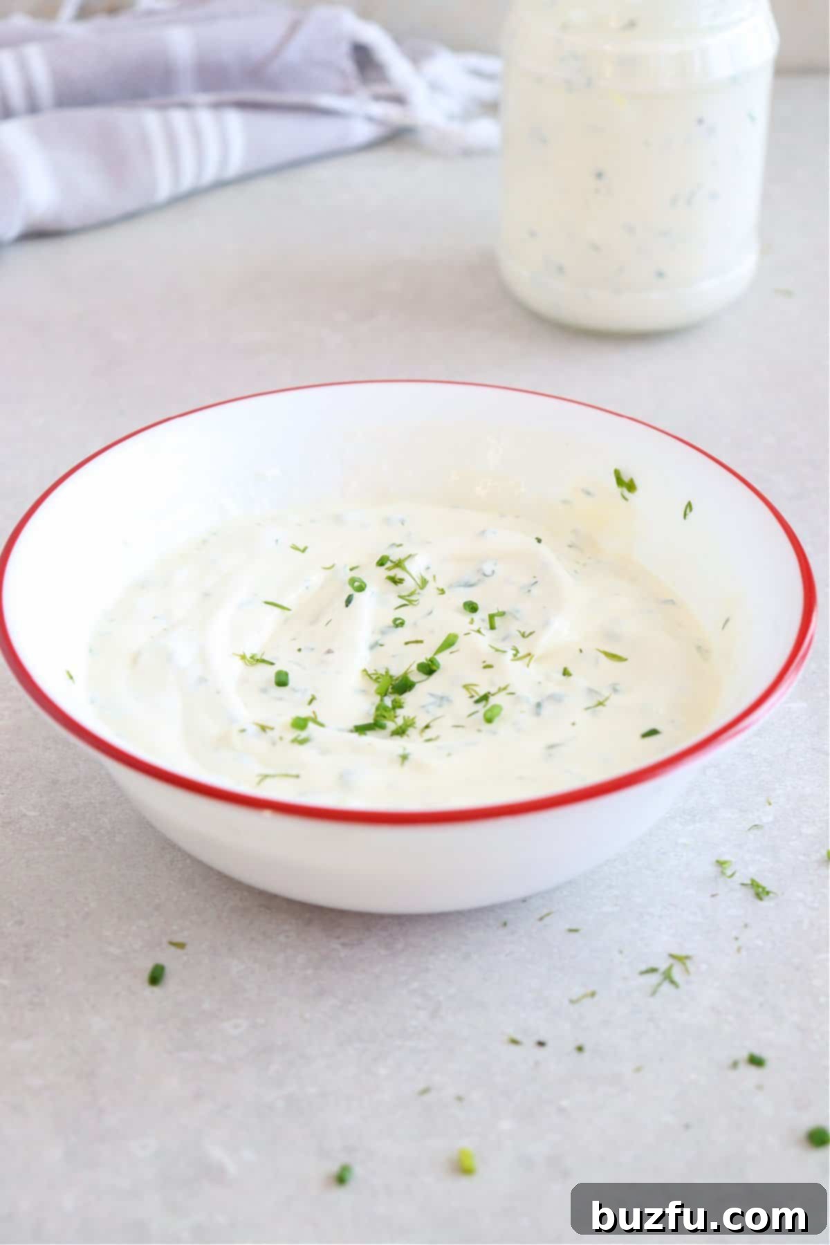 Homemade Ranch Dip Ranch dip in a bowl with red rim.
