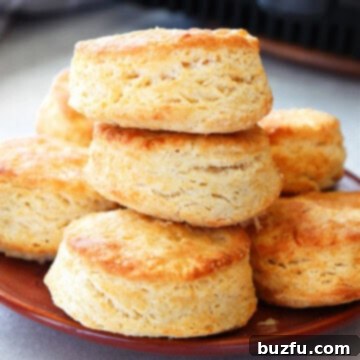 Golden Air Fryer Biscuits 4 Biscuits on a plate next to air fryer.