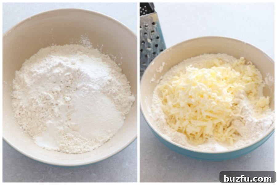 Mix dry ingredients and add butter. Dry ingredients and grated cold butter mixed in a large bowl.